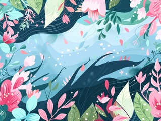 Bright floral decorative illustration with blue background, vibrant botanical artwork for greeting cards, children’s designs, nature themes, spring graphics, creative decoration