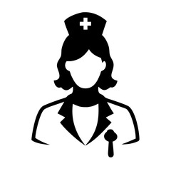 Black and white icon of a professional female nurse, representing healthcare, medical services, and hospital staff, depicted as a bust with a uniform and cap featuring a cross