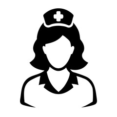 A black and white icon depicting a female nurse wearing a uniform and cap with a cross symbol, representing healthcare and medical professions