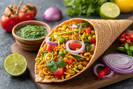 Bhel puri indian street food in waffle cone