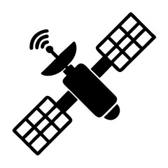 Stylized black and white vector icon of a communication satellite, featuring an antenna emitting a signal and solar panels, symbolizing global connectivity, space technology, and telecommunications