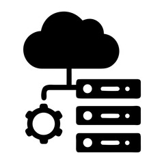 Cloud computing infrastructure with server racks and a gear icon, symbolizing data processing, storage, and network management in a modern digital environment