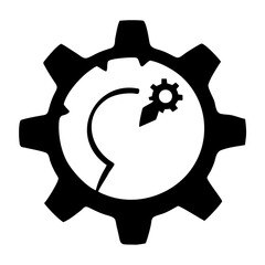 A black gear icon with a clocklike symbol inside, representing concepts of time management, mechanical efficiency, process optimization, and industrial settings