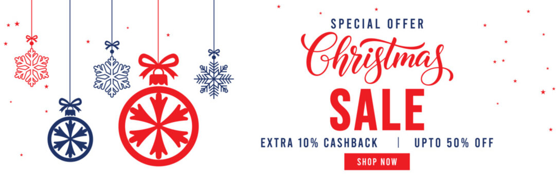 Christmas Sale banner with special offer text, cashback and discount percentages, and hanging red and blue snowflake ornaments and baubles. Ideal for seasonal marketing, holiday shopping, and web head