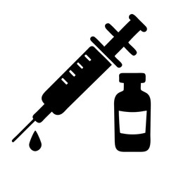 Black silhouette icon of a medical syringe with a drop on the needle and a small vial, symbolizing vaccination, injection, medicine, healthcare, and treatment concepts