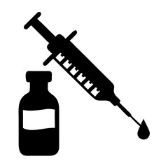 A black silhouette of a medical syringe with a drop of liquid at its needle tip, positioned next to a pharmaceutical vial, representing vaccination, medication, and healthcare concepts