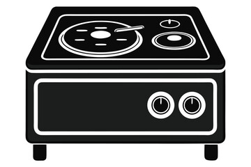 Black and white kitchen stove has circular burners and temperature control knobs at the front