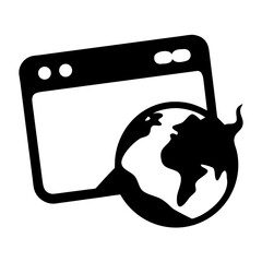 A black and white icon depicting a web browser window with a globe overlapping it, symbolizing global internet access, worldwide web connectivity, online communication, and digital technology