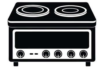 Simple black and white stove displays dual burners and four knobs for function control