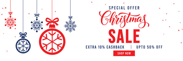 Christmas Sale banner with special offer text, cashback and discount percentages, and hanging red and blue snowflake ornaments and baubles. Ideal for seasonal marketing, holiday shopping, and web head © bibin