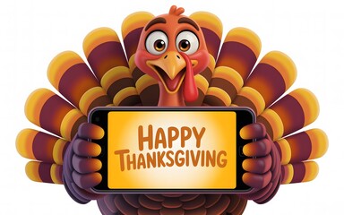 Cartoon turkey character holding a smartphone displaying happy thanksgiving message, isolated on white background