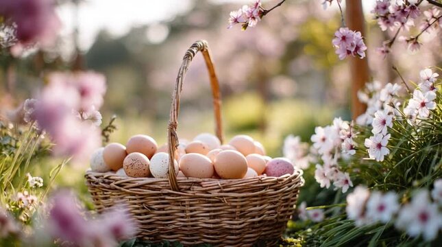 Basket of fresh eggs carried through a blooming garden with spring blossoms, dreamy background blur and gentle light, evoking seasonal renewal, Easter tradition, and rustic countryside charm.
