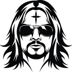 A stylized black and white headshot shows a man with long hair and sunglasses