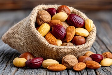 Mixed nuts spilling from burlap bag on wood