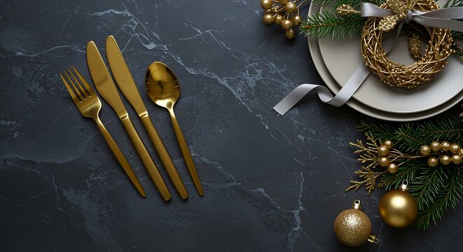Festive Christmas table setting with golden cutlery and elegant decorations