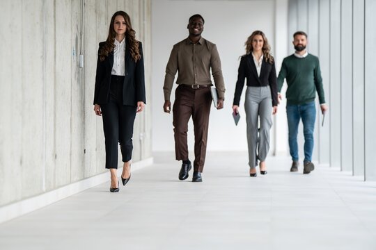 Diverse business team walking together in office corridor