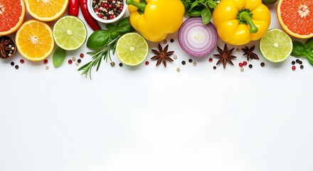 Fresh colorful vegetables and fruits border background for healthy eating