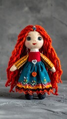 Handmade doll with vibrant red hair and colorful dress on gray background.