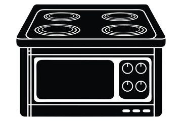 Black stove displays four burners and an oven with minimalist knob details