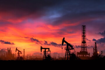 Oil derricks pumping oil against a warm sunset sky