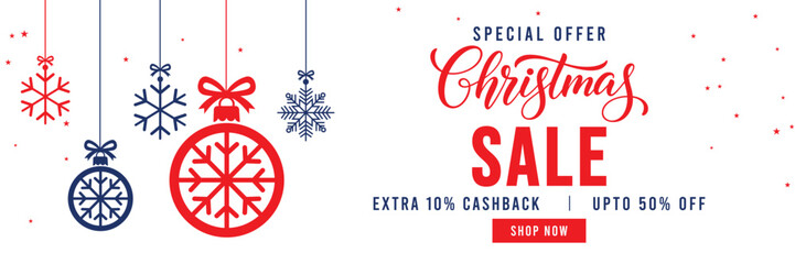 Christmas Sale banner with special offer text, cashback and discount percentages, and hanging red and blue snowflake ornaments and baubles. Ideal for seasonal marketing, holiday shopping, and web head © bibin