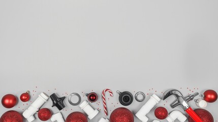 Christmas repair and plumbing tools decorated with red baubles on gray background.