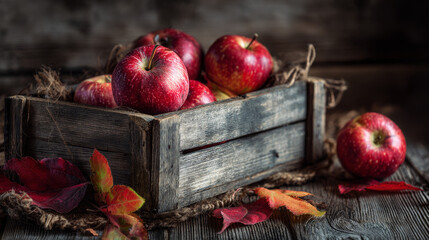 Red apples in a rustic wooden crate. Autumn leaves and fruits scattered on a dark wooden surface. Toned image with selective focus and space for text. 