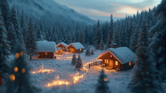 Cozy winter village of small cabins nestled in a snowy pine forest at dusk.