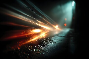 Abstract light trails on wet road at night for background and wallpaper high speed motion blur effect
