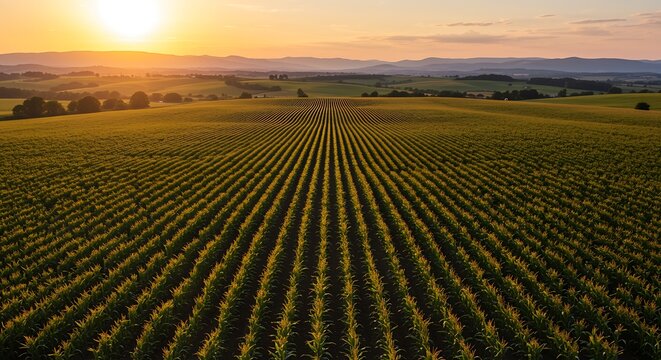 Golden sunset over endless rows of corn field in countryside - Powered by Adobe