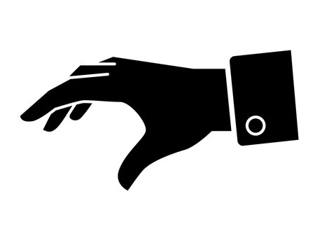 A hand with a shirt cuff, reaching forward - vector silhouette for a stencil, logo, or pictogram. Hand silhouette icon.