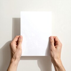Hands Holding Blank White Paper Sheet Against Neutral Background.