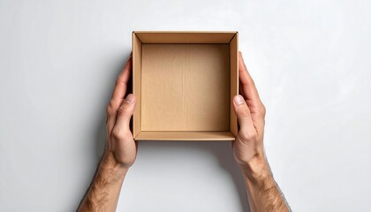 Hands Holding Empty Cardboard Box on White Background.