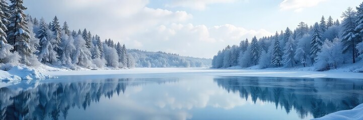 Frozen lake reflecting a snowy forest under a clear winter sky Perfect for winter holiday, travel, or nature themed projects Serene and beautiful winter landscape , crisp, holiday, frost covered
