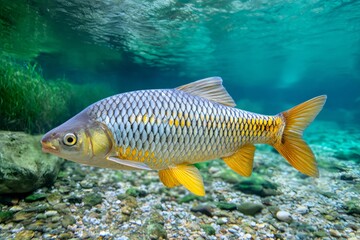 Fototapeta premium Freshwater fish swimming underwater in clear river