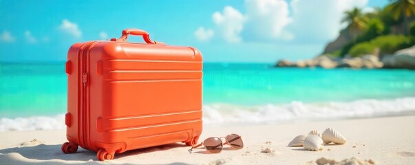 A brightly colored suitcase sits on a sunny beach, ready for a relaxing getaway Seashells and sunglasses are nearby, hinting at seaside adventures and carefree days , explore, beach, sea