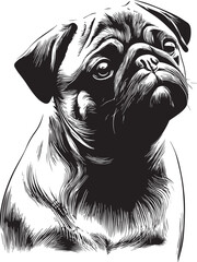Black and white portrait of a pug, silhouette,