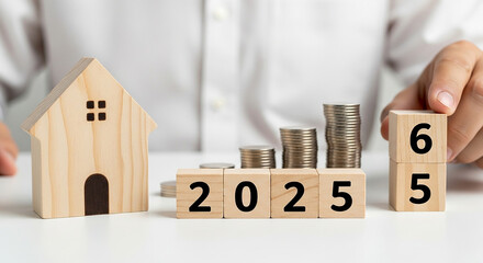 Wooden house model with coins and blocks showing the year and number held by a person's hand 