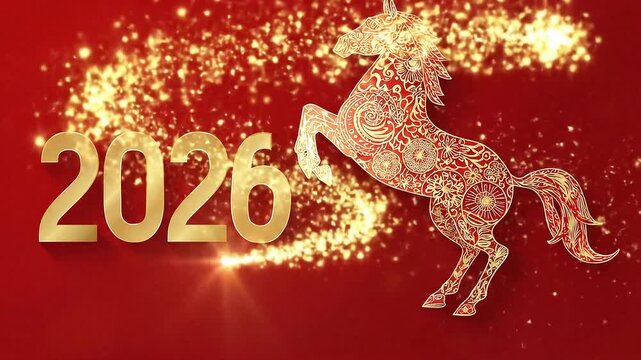 2026 Chinese New Year motion animation, gold horse ornament. Happy new year 2026 with Asian ornaments. New Year celebration greeting template. motion footage animation 2026.