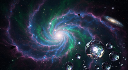 Swirling colorful galaxy with diamond-like planets and distant spiral galaxy space nebula