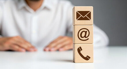 Wooden blocks stacked with contact icons in front of a person wearing a white shirt and on a white table 