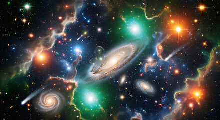Cosmic panorama of galaxies, nebulae, and comets in a colorful universe space galaxy