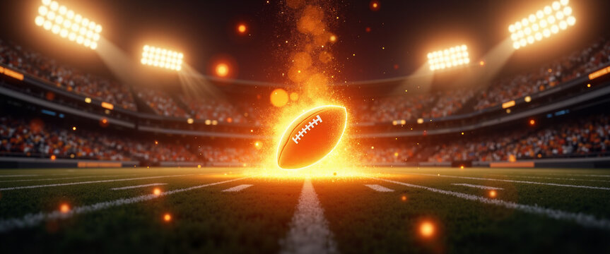 Dynamic football in mid-air with stadium lights and sparks  