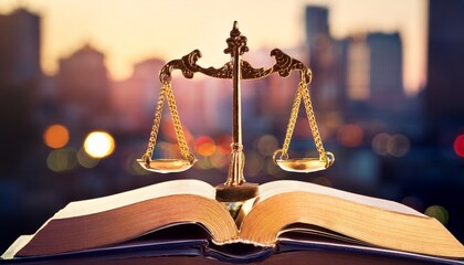 gold toned scales of justice on books blurred city background