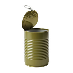 An opened green metal can with a lid partially attached on a solid color isolated background view on transparent background