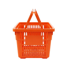Isolated view of a vibrant orange plastic shopping basket with handle on a simple presentation space on transparent background