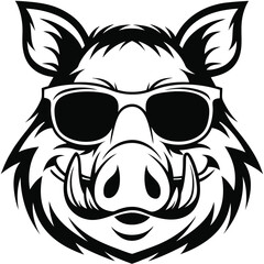Bold boar face sports cool sunglasses in striking black and white monochrome