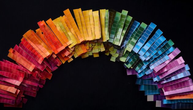 a vibrant cascade of colorful square notes forming a dynamic abstract arc against a stark black background - Powered by Adobe