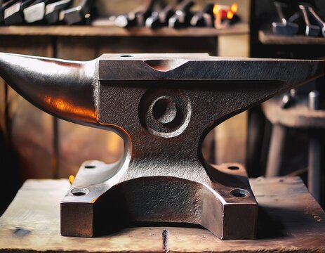 heavy steel blacksmith anvil with horn hardy hole and textured face for forging and shaping metal
