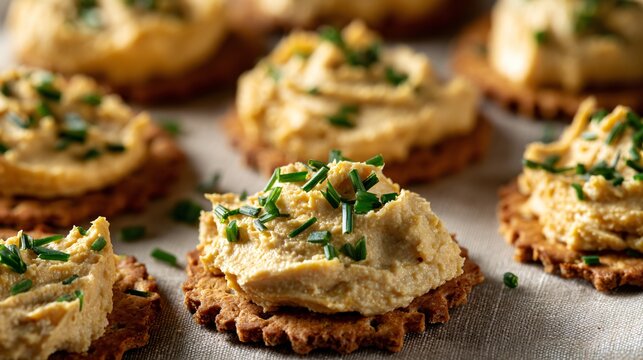 Crackers topped with hummus and herbs, light beige backdrop